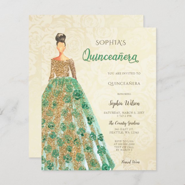 Robe verte émeraude Budget Quinceanera (Devant / Derrière)