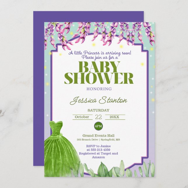 Robe verte violet et Baby shower rose Invitation (Devant / Derrière)
