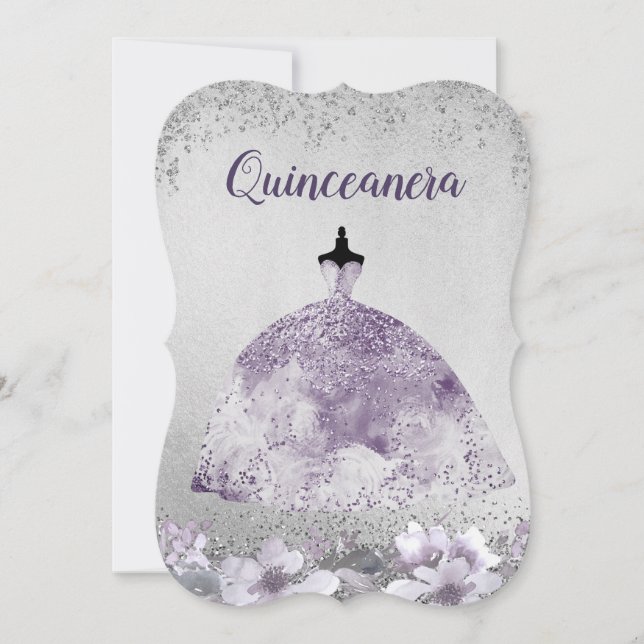 Robe violet argenté Floral Quinceanera Invitation (Devant)