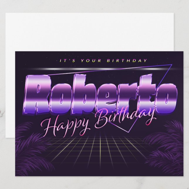 Roberto prénom carte rétro lilas pour anniversaire (Devant / Derrière)