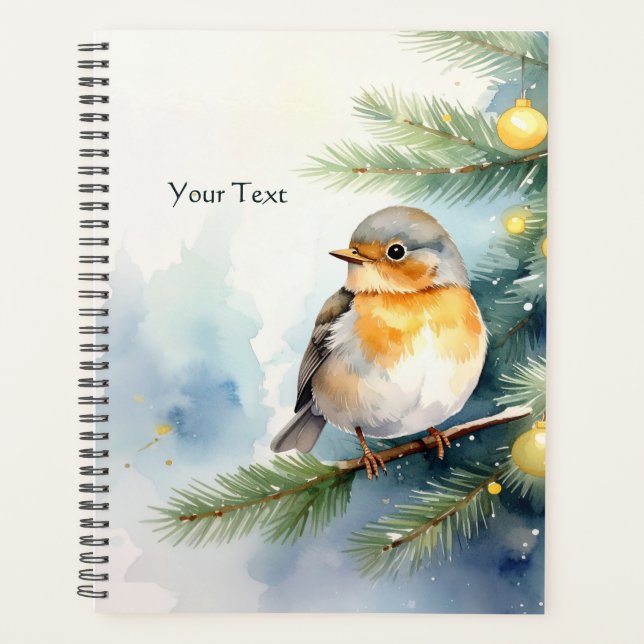 Robin à l'aquarelle sur une branche de pin (Devant)