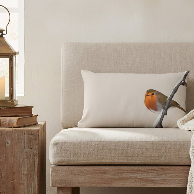 Robin Bird Winter Branch Coussin Lumbar naturel (A lone robin sits on a winter branch on this lumbar pillow. He'd love to sit on your armchair )