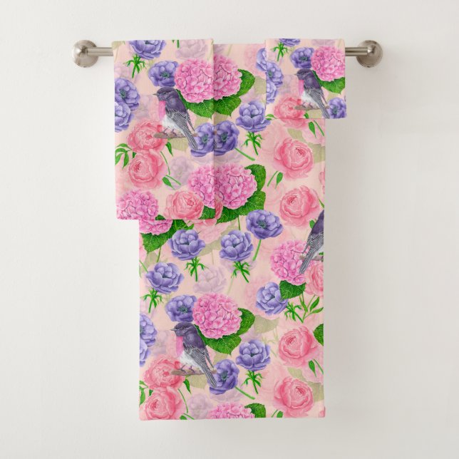 Robin et fleurs, motif aquarelle (En situation)