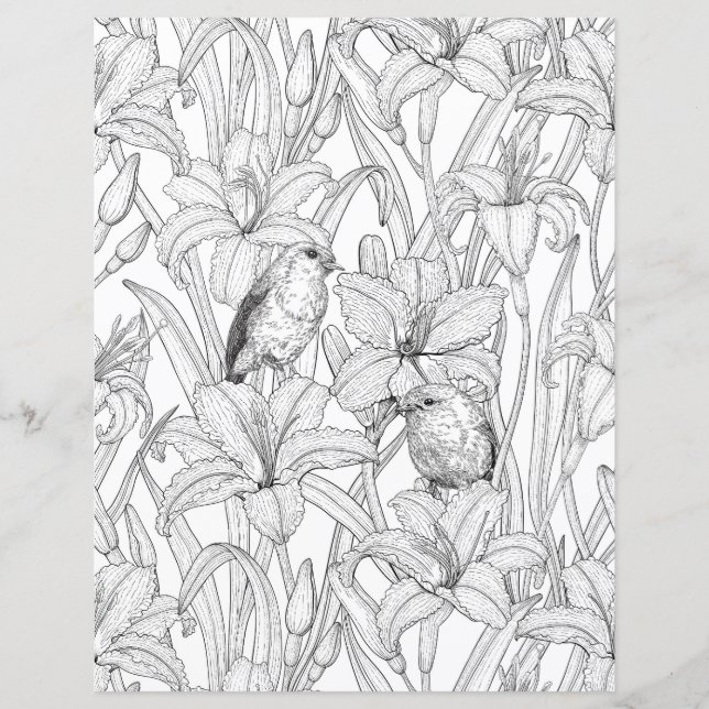 Robins et fleurs de lys, noir et blanc (Devant)