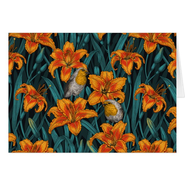Robins et fleurs de lys, orange et bleu (Devant horizontal)