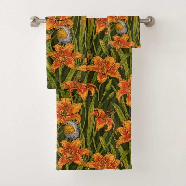 Robins et fleurs de lys, orange et vert foncé (En situation)