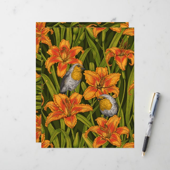 Robins et fleurs de lys, orange et vert foncé (Devant/Arrière en situation)