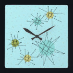 Robin's Oeuf Bleu étoile atomique Horloge murale<br><div class="desc">Ce Robin's Egg Blue Iconic Atomic Starbursts Carré Acrylique Mur Clock motif comporte des étoiles atomiques emblématiques. C'est vrai ! L’ancienne école, arrière - plan de couleur bleu oeuf de robin avec des taches d’or, est la toile de fond idéale pour les cercles turquoise, apaisants et vert poire kitsch. Les...</div>