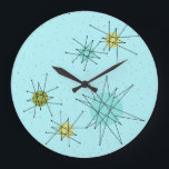 Robin's Oeuf Bleu étoile atomique Horloge murale<br><div class="desc">Le motif d'horloge murale acrylique ronde de Robin's Oeuf Blue Iconic Atomic Starbursts comporte des étoiles atomiques emblématiques. C'est vrai ! L’ancienne école, arrière - plan de couleur bleu oeuf de robin avec des taches d’or, est la toile de fond idéale pour les cercles turquoise, apaisants et vert poire kitsch....</div>