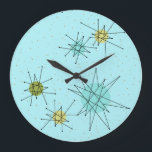 Robin's Oeuf Bleu étoile atomique Horloge murale<br><div class="desc">Le motif d'horloge murale acrylique ronde de Robin's Oeuf Blue Iconic Atomic Starbursts comporte des étoiles atomiques emblématiques. C'est vrai ! L’ancienne école, arrière - plan de couleur bleu oeuf de robin avec des taches d’or, est la toile de fond idéale pour les cercles turquoise, apaisants et vert poire kitsch....</div>