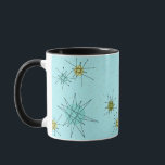 Robin's Oeuf Blue Starbursts Mug<br><div class="desc">Le motif de Mug de Robin's Oeuf Blue Iconic Atomic Starbursts Mug présente des étoiles atomiques emblématiques. C'est vrai ! L’ancienne école, arrière - plan de couleur bleu oeuf de robin avec des taches d’or, est la toile de fond idéale pour les cercles turquoise, apaisants et vert poire kitsch. Les...</div>