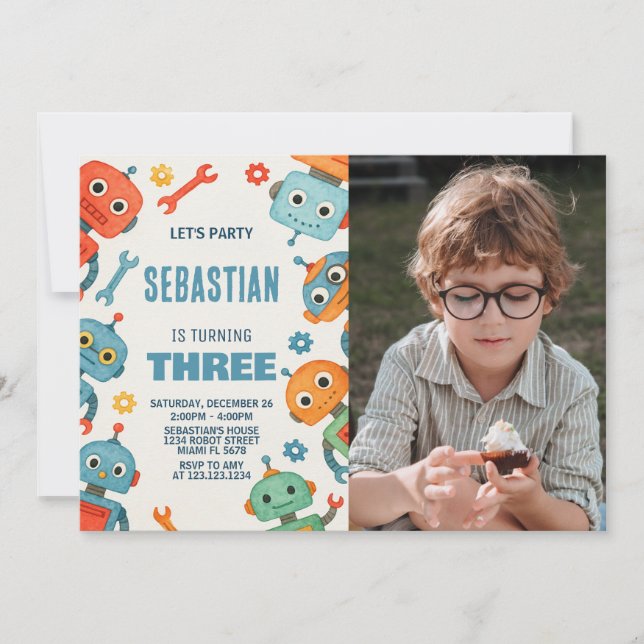 Robot 3ème anniversaire Invitation avec photo (Devant)