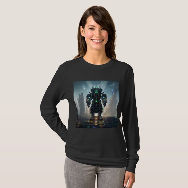 Robot 4 femmes noir à manches longues T-shirt (Devant entier)