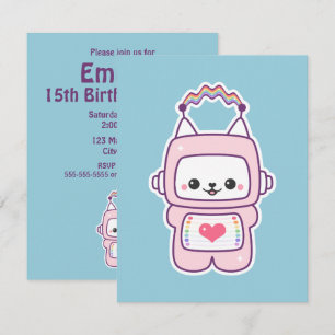 Robot de chat rose mignonne Invitations de fête d'