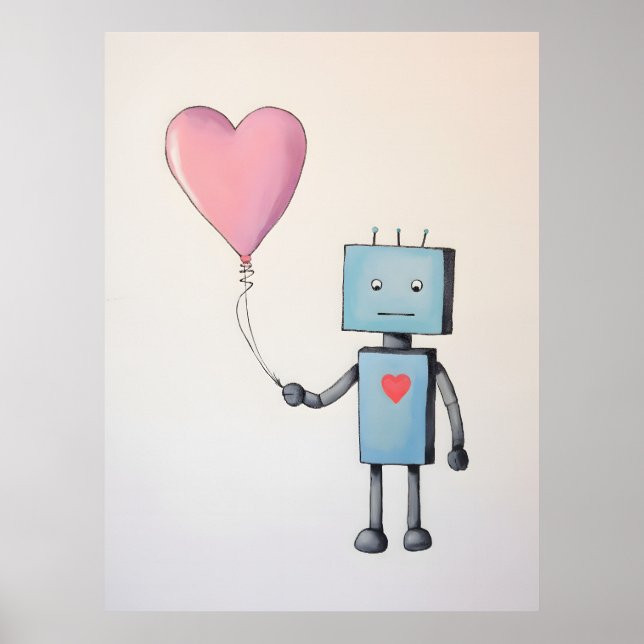Robot mignon avec le ballon du coeur Poster (Devant)
