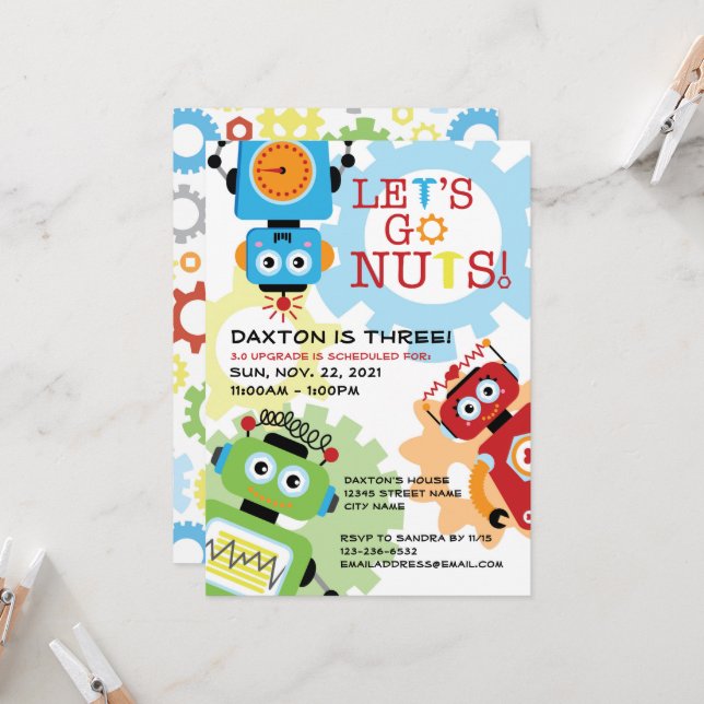 Robot Party thème Anniversaire Invitation (Devant/Arrière en situation)