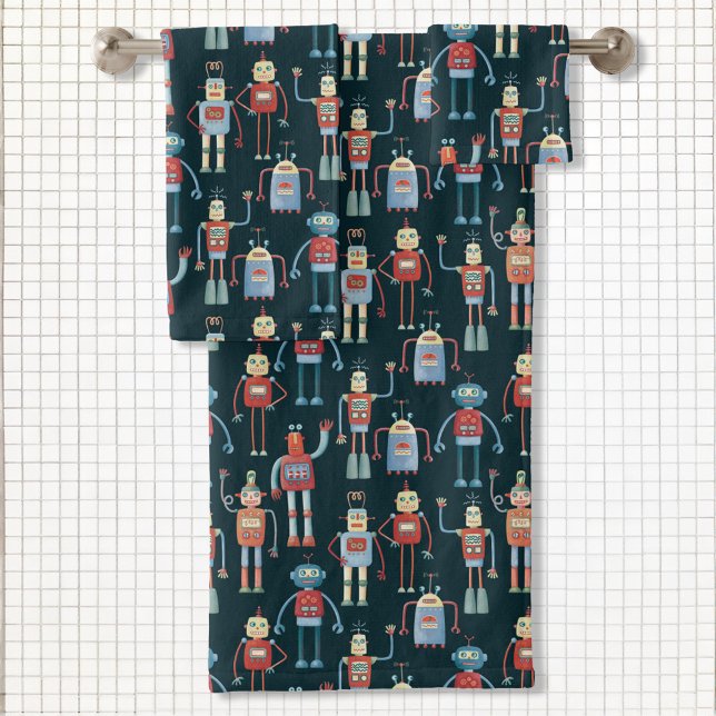 Robots rétro Vintages sombres (Fun retro robots towel set for sci-fi lovers)