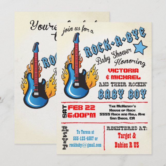 Rock a bye rockstar baby shower Invitations (Devant / Derrière)