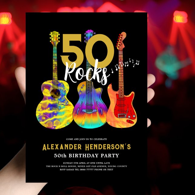 Rock and Roll 50th Birthday Invitation (50th birthday party invitation for him 50 rocks funky psychedelic guitar music black and gold )