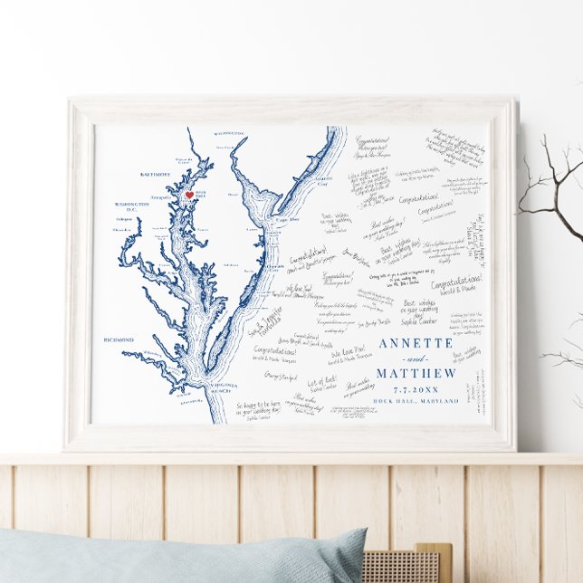 Rock Hall MD Mariage Élégante carte Poster du livr (Elegant Rock Hall Maryland Alternative Guest Book Poster with navy blue Chesapeake Bay map)
