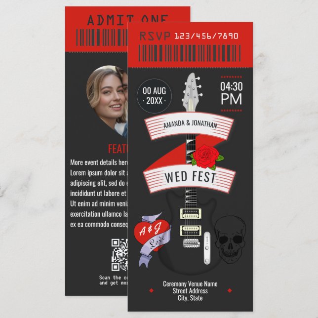 Rock n' Roll Wedding ticket custom Invitation (Devant / Derrière)
