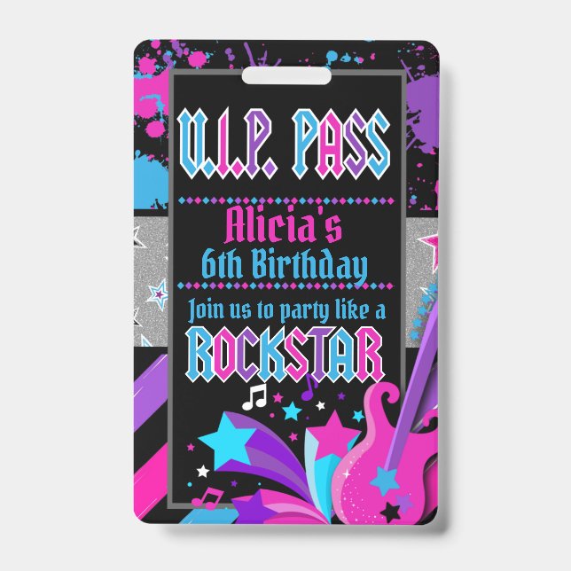 Rock star Anniversaire VIP Pass Invitation Badge (Front)