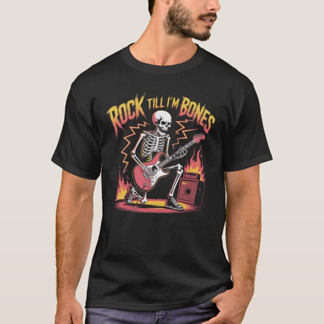 Rock Till I’m Bones Skeleton Guitare T-Shirt (Devant)