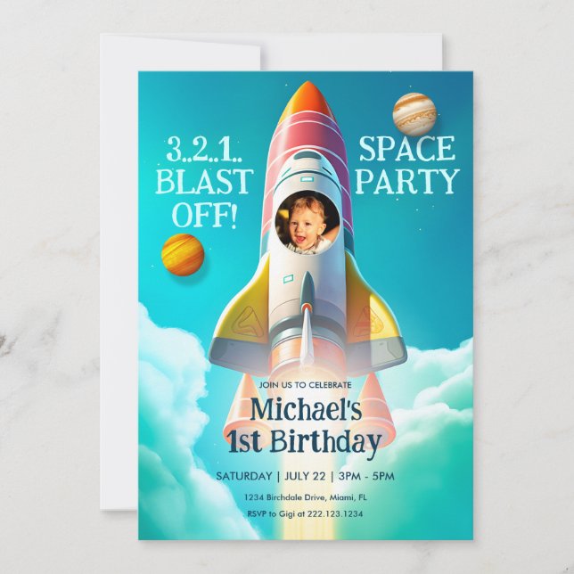 Rocket in Sky Space Thème Anniversaire Invitation (Devant)