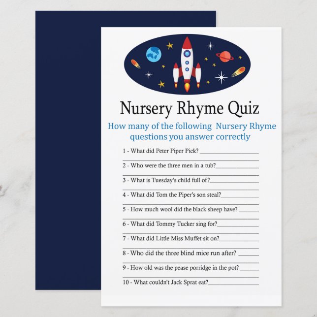Rocket Nursery Rhyme Quiz jeu de baby shower (Devant / Derrière)