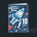 Rocket photo Son 10e anniversaire carte garçon<br><div class="desc">Carte d'anniversaire de la fusée spatiale 10th Son, customisez avec la photo de votre garçon d'anniversaire afin qu'il puisse vraiment avoir une explosion ! Cette carte dit "Joyeux Fils d'anniversaire aujourd'hui 10" sur le devant et "Vous êtes hors de ce monde, faites une explosion !" Intérieur. Ou customisez avec vos...</div>