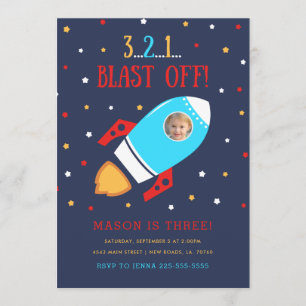 Rocket Ship Exterspace Photo Invitations d'anniver