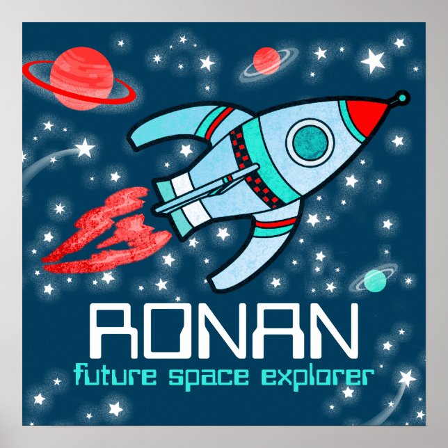 Rocket space boys blue red personalized poster (Devant)