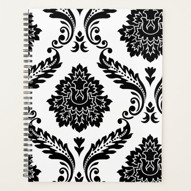 Rococo Damassé Grand Motif Décalé Noir sur Blanc (Devant)