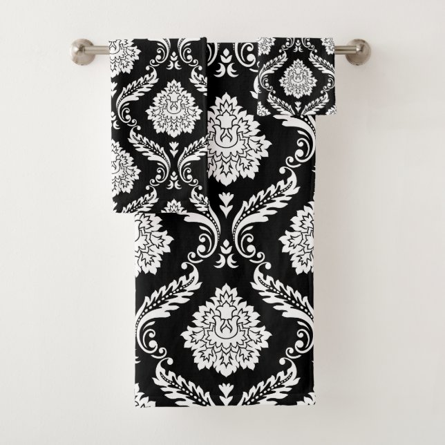 Rococo Damassé Motif Mixte Blanc sur Noir (En situation)