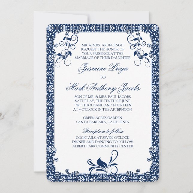 Rococo Floral Marine Bleu Faire-part de mariage bl (Devant)