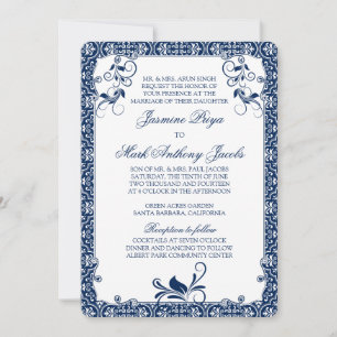 Rococo Floral Marine Bleu Faire-part de mariage bl