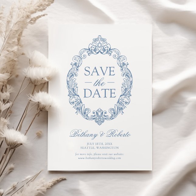 Rococo Vintage Bleu Poussiéreux Save The Date (Créateur téléchargé)