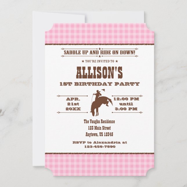 Rodéo de cow-boy rose Plaid Invitation d'anniversa (Devant)