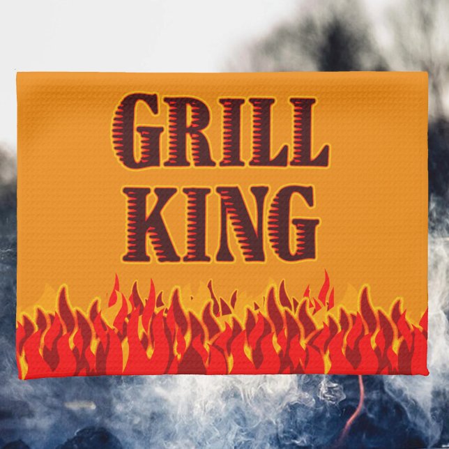Roi du Grill Flammes Rouges sur Serviette de Cuisi (Grill King Red Flames on Dark Yellow Kitchen Towel)