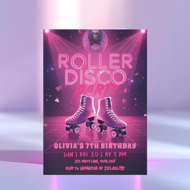 Roller Disco Party Birthday Invitation | Neon Pink (Créateur téléchargé)