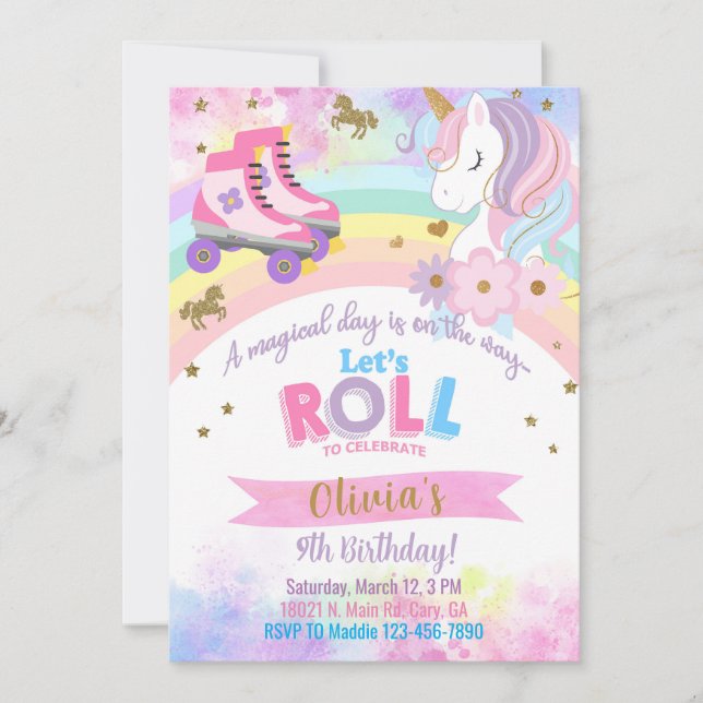 Roller Skating Unicorn invitation d'anniversaire f (Devant)