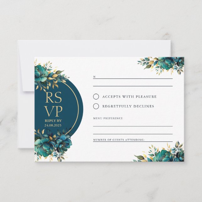 Romance RSVP fleurs turquoise avec accents dorés (Devant)