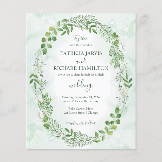 Romance Verdure Budget Mariage Invitations (Devant)