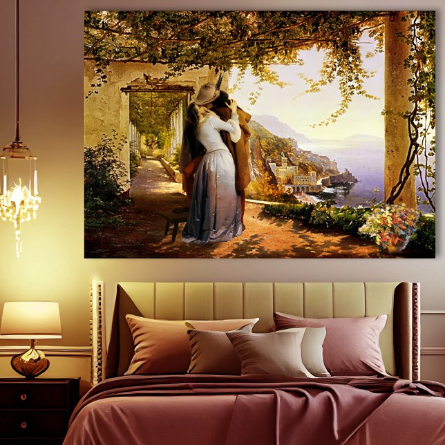 Romance vintage en Italie Toile embouteillée (A romantic vintage painting of a couple kissing on the Italian coast. Beautiful for a bedroom)