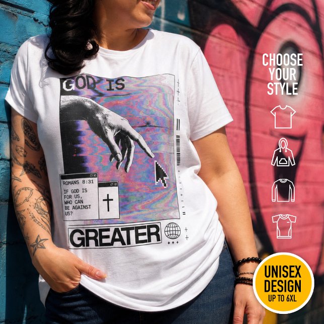 Romans 8:31 Cyberpunk Main de Dieu Glitch Art (Heavyweight Streetwear Christian T-Shirts & available oversize 3XL, 4XL, 5XL, 6XL. Choose your style)