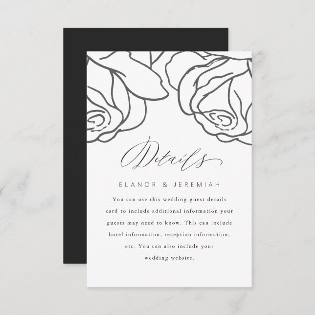 Romantic Black Floral Mariage Détails de l'invité (Devant / Derrière)