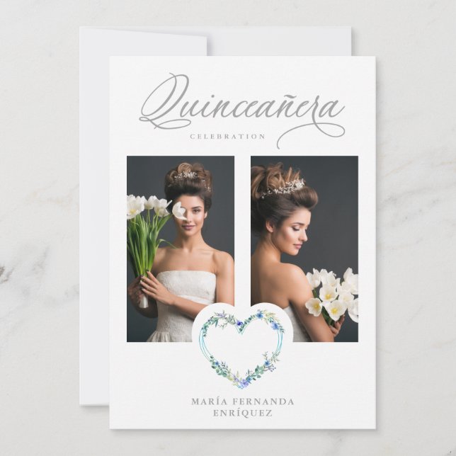 Romantic Blue Shades Floral Heart Photo XV años (Devant)