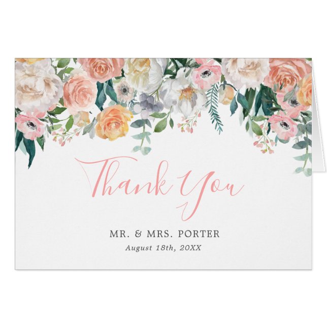 Romantic Blush Floral Mariage Merci Carte Note (Devant Horizontal)
