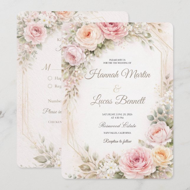 Romantic Blush Pink Floral Wedding Invitation (Devant / Derrière)