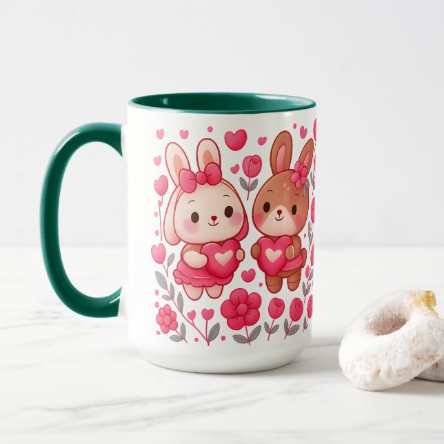 Romantic Bunny Couple Heart Ceramic Mug (Avec donut)